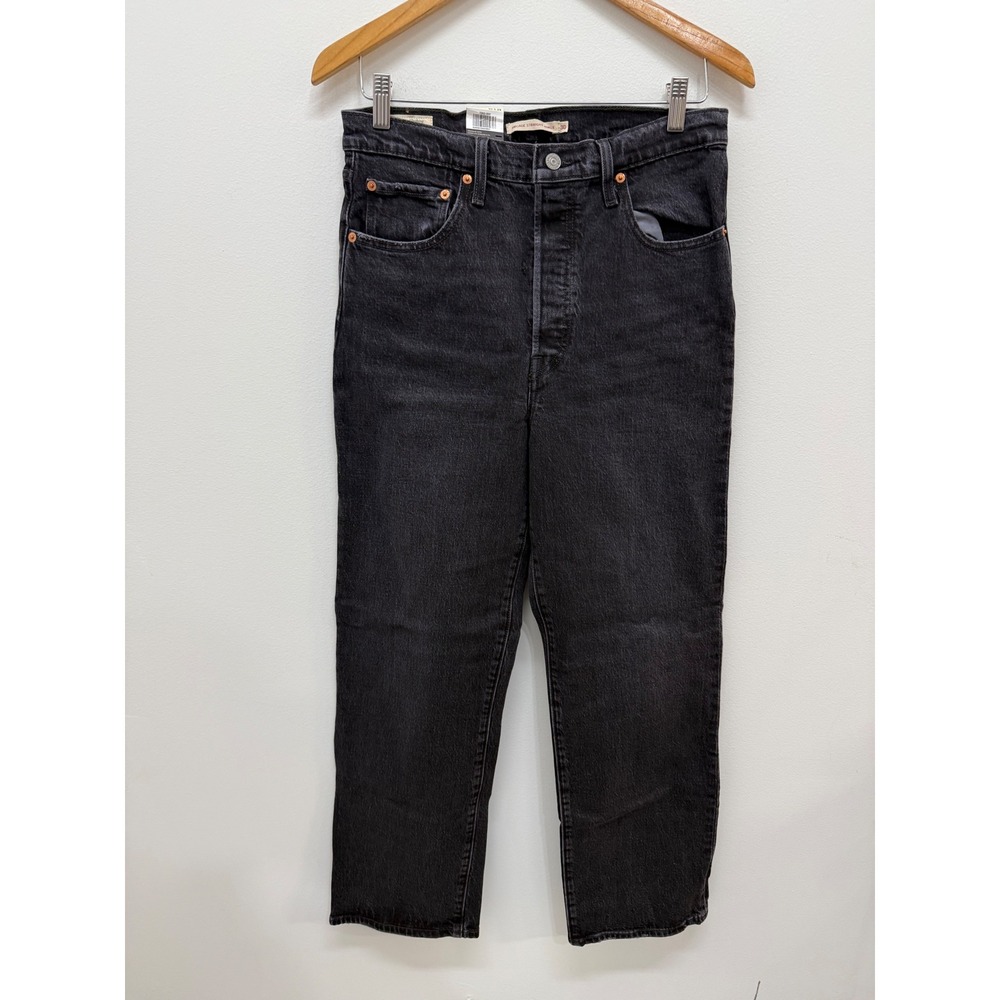 Levi's Ribcage Straight Ankle Jeans Size 30 Black Super High Rise - Picture 1 of 7
